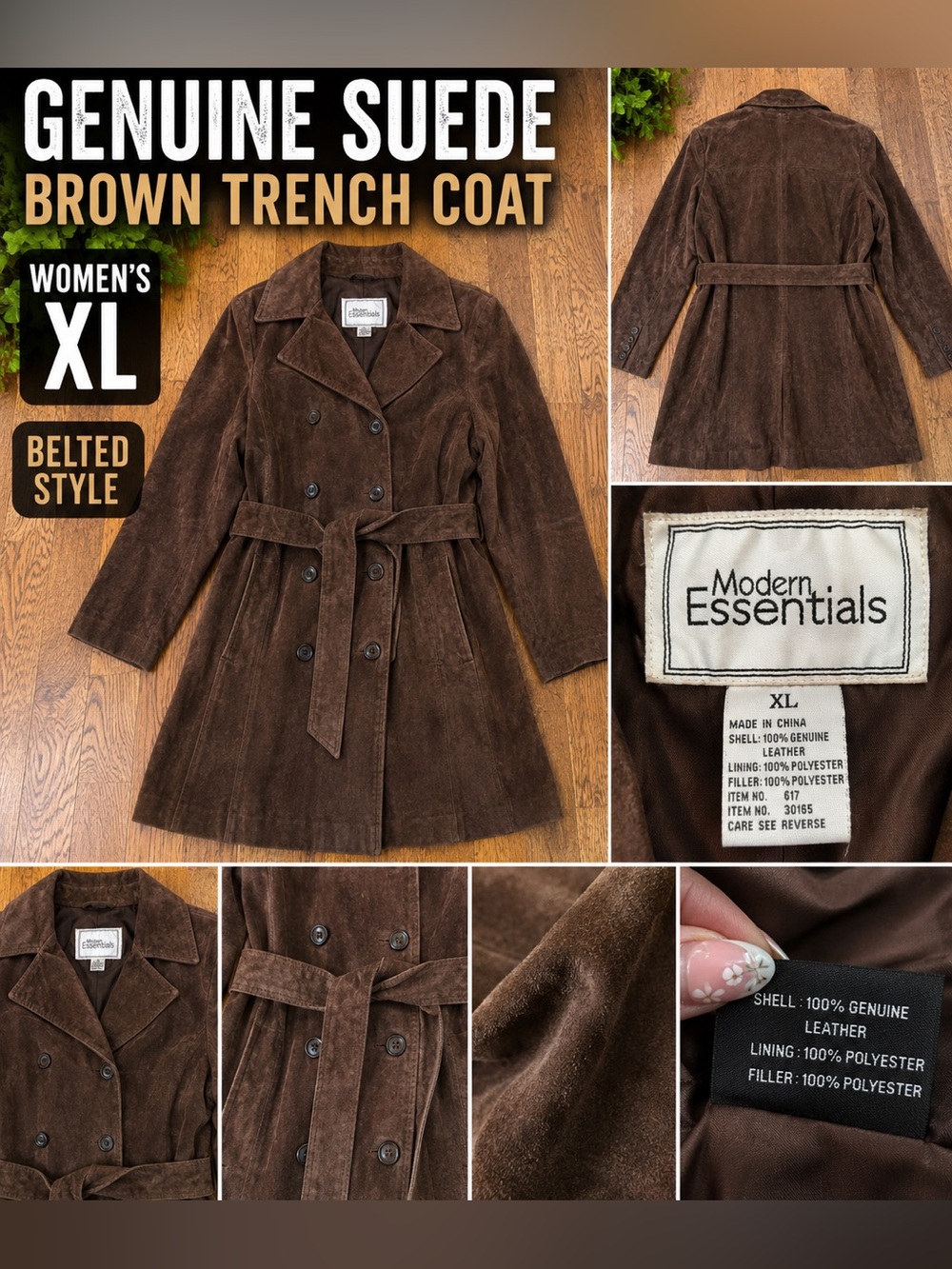 Modern Essentials Brown Genuine Suede Leather Trench Coat Women’s XL Belted